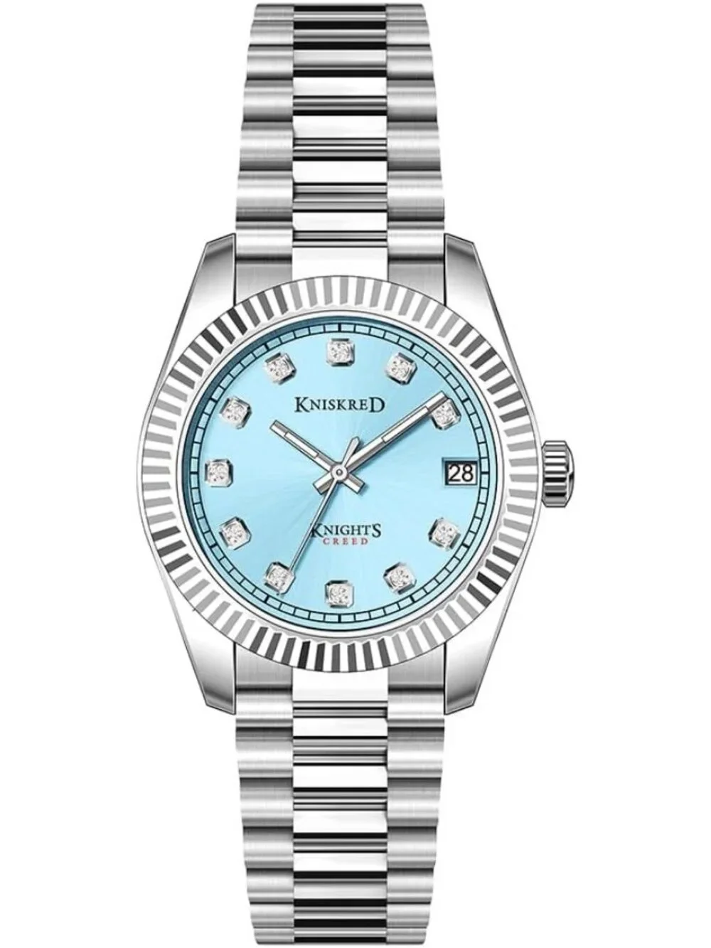 Women's Silver Blue Crystal Accented Dial Solid Stainless Steel Band Wrist Watch